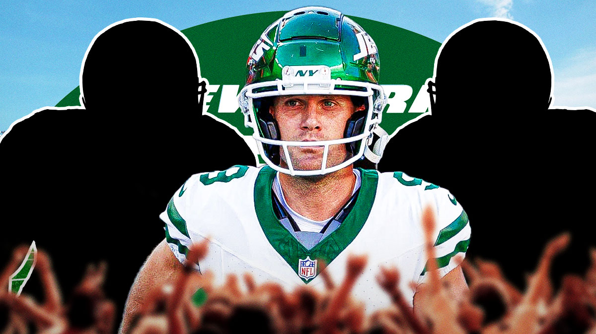 New York Jets kicker Greg Zuerlein in the middle of two silhouettes of American football players with question mark emojis inside. There is also a logo for the New York Jets.