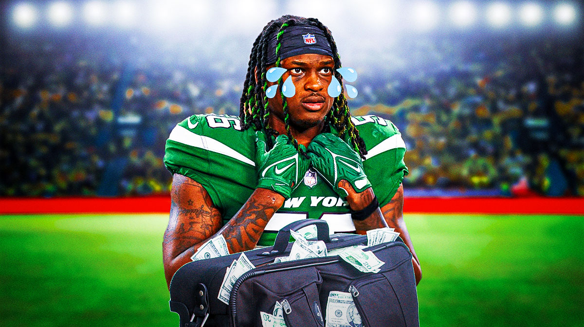 Quincy Williams in a New York Jets uniform with one tear drop and a big bag of money as Williams was fined by the NFL.