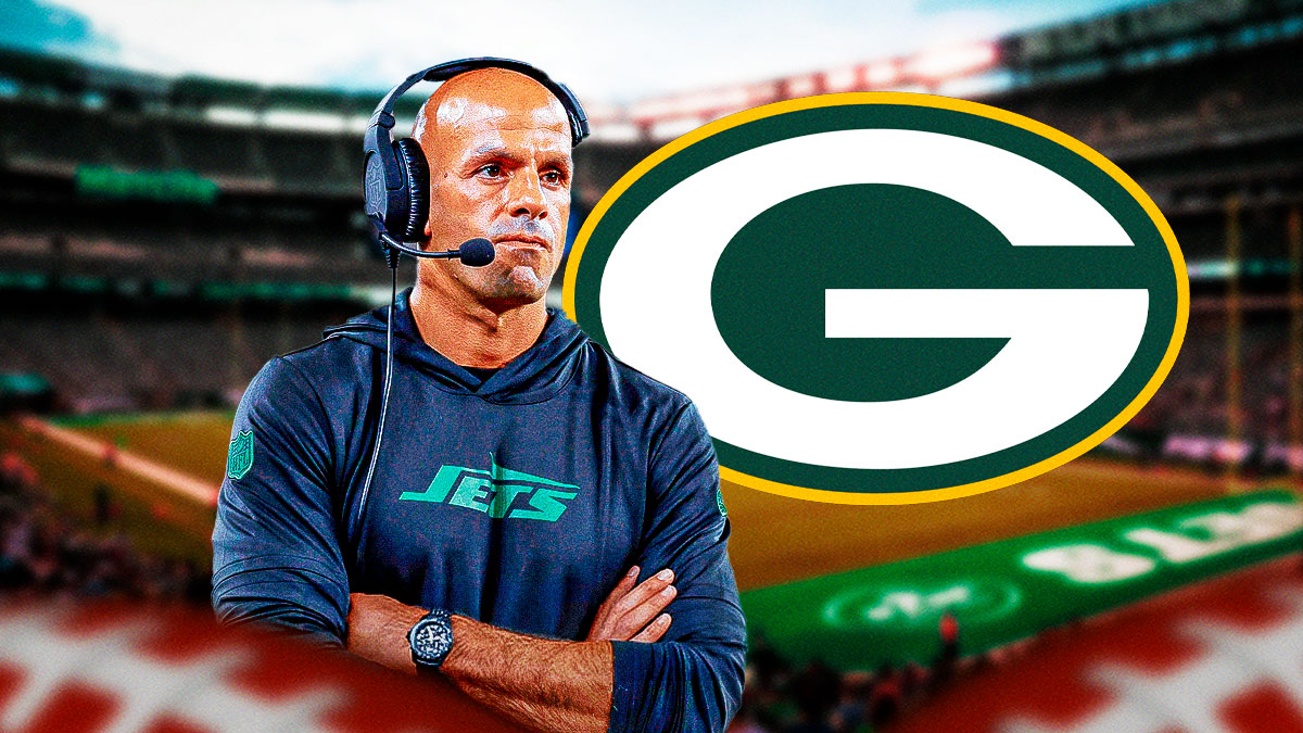 Former New York Jets head coach Robert Saleh and Green Bay Packers logo
