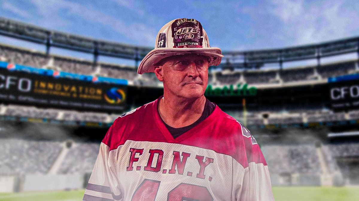 Fireman Ed at MetLife Stadium with a sad face