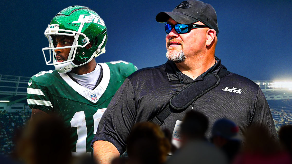 Jets Mike Williams and GM Joe Douglas next to question marks