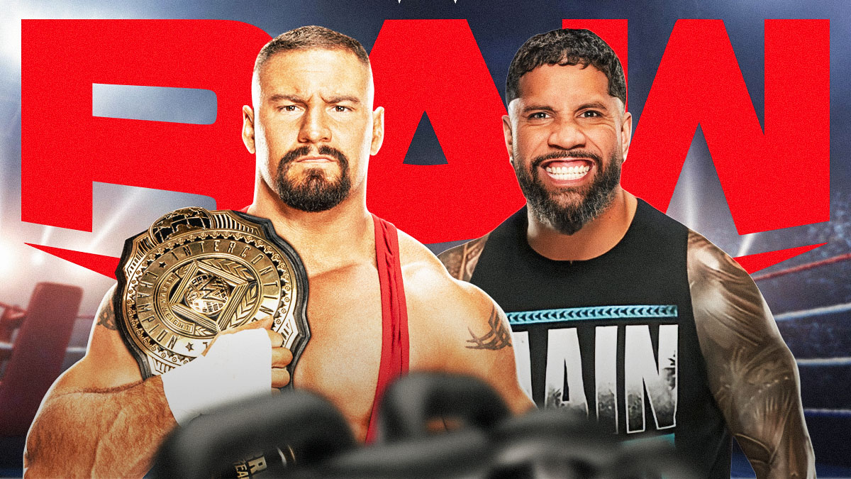 Bron Breakker wearing the Intercontinental Championship next to Jey Uso with the RAW logo as the background.