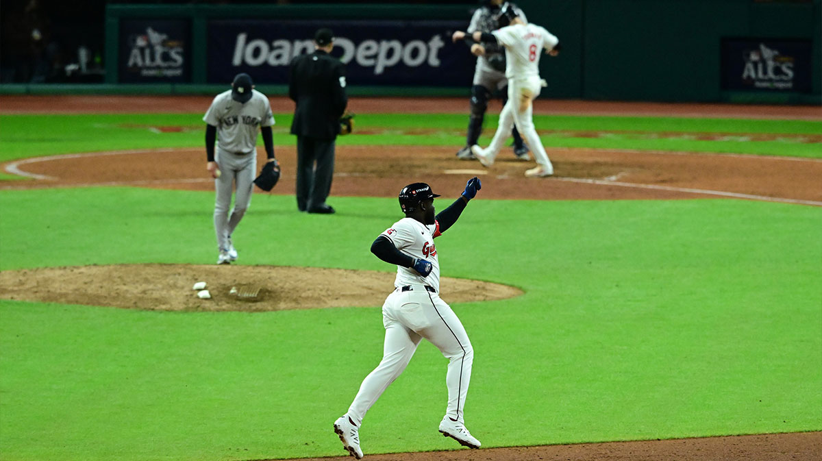 Cleveland Guardians outfielder Jhonkensy Noel (43) reacts after a two-run home run against New York Yankees pitcher Luke Weaver (30) during the ninth inning in game 3 of the American League Championship Series at Progressive Field