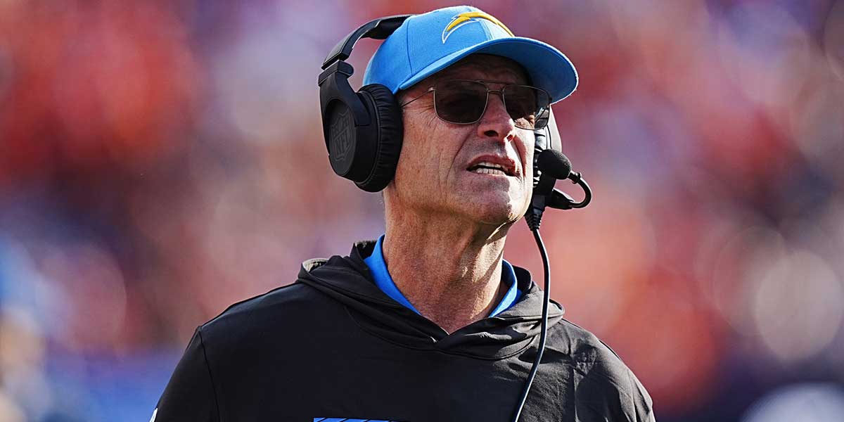 Los Angeles Chargers head coach Jim Harbaugh during the second half against the Denver Broncos at Empower Field at Mile High.