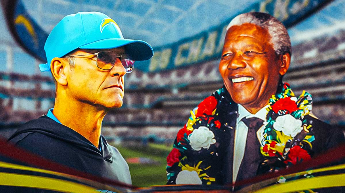 Jim Harbaugh next to Nelson Mandela with a South African/Chargers-themed BG.