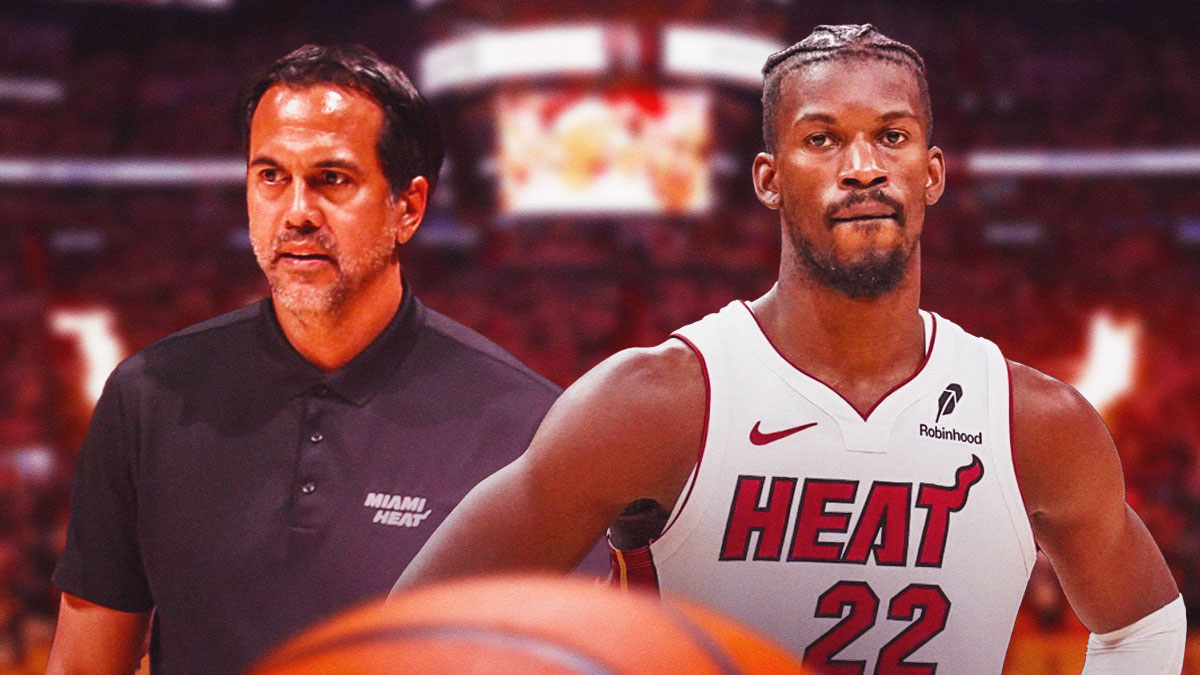 Miami Heat star Jimmy Butler and Erik Spoelstra in front of Kaseya Center.