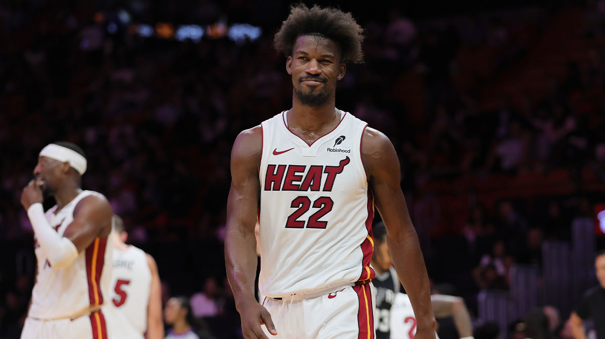 Miami Heat forward Jimmy Butler (22) reacts after arguing with San Antonio Spurs guard Chris Paul (not pictured) during the second quarter at Kaseya Center.