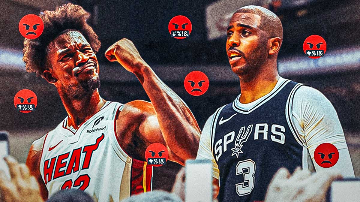 Heat's Jimmy Butler & Spurs' Chris Paul yelling at each other with 🤬😡 emojis around them both