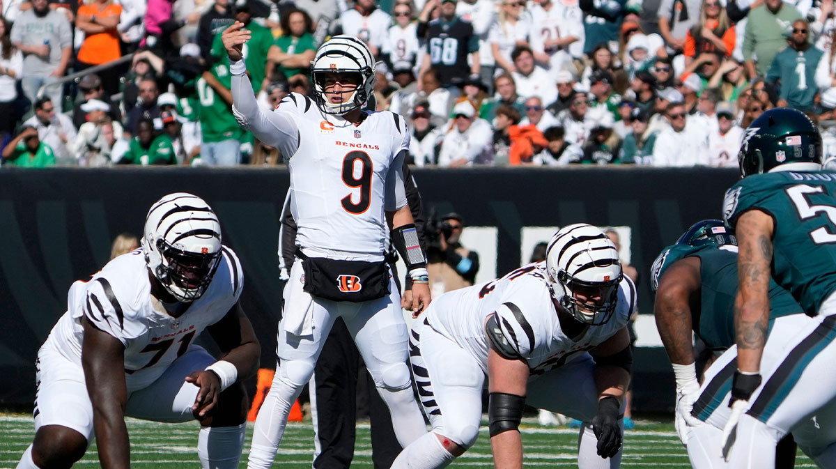 Cincinnati Bengals quarterback Joe Burrow (9) makes a call during the NFL Week 8 matchup against the Philadelphia Eagles at Paycor Stadium Sunday October 27, 2024.