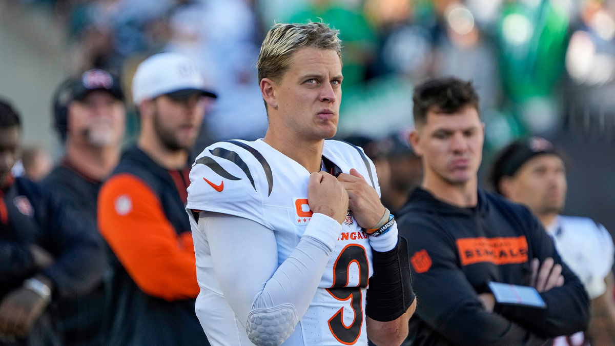Cincinnati Bengals quarterback Joe Burrow (9) stands on the sidelines after throwing an interception in the 4th quarter at Paycor Stadium on Sunday, October 27, 2024. The Bengals lost to the Philadelphia Eagles 37-17 and remain winless at home.
