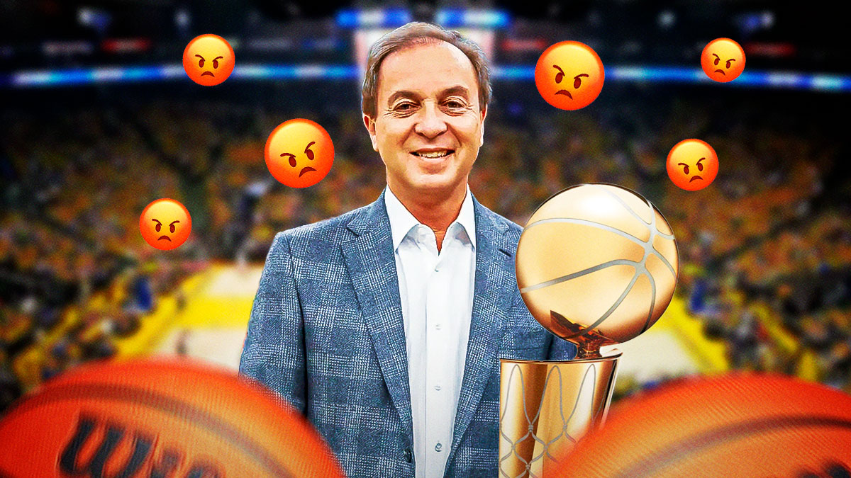Golden State Warriors owner Joe Lacob with the NBA championship trophy beside him and angry emojis.