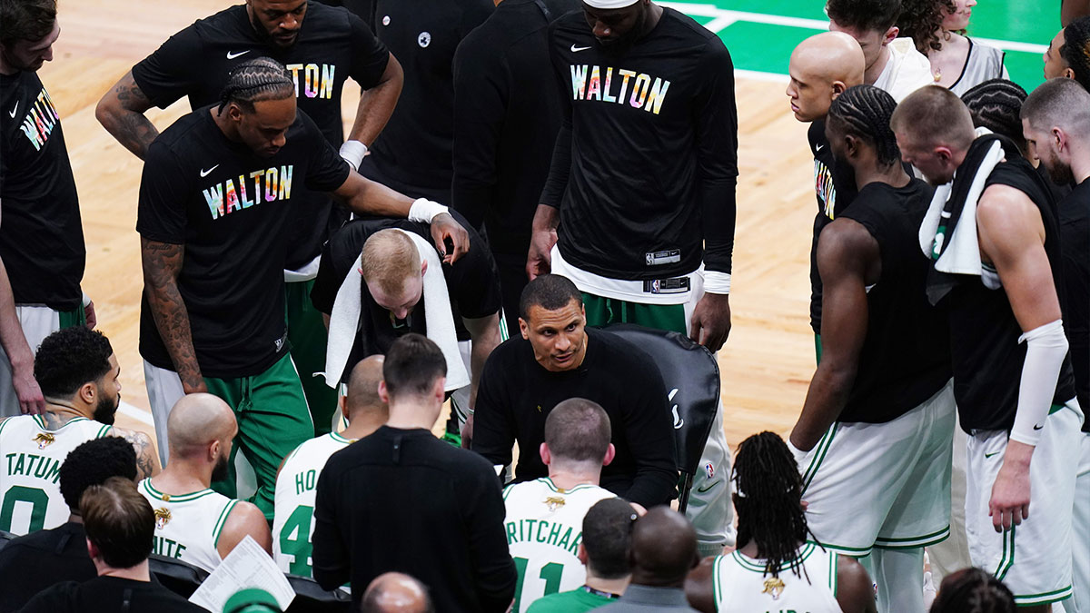 Boston Celtics head coach Joe Mazzulla talks during a timeout in the fourth quarter against the Dallas Mavericks during game one of the 2024 NBA Finals at TD Garden