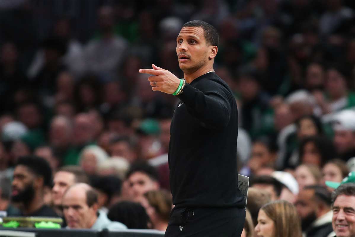 Oct 28, 2024; Boston, Massachusetts, USA; Boston Celtics head coach Joe Mazzulla reacts during the first half against the Milwaukee Bucks at TD Garden.