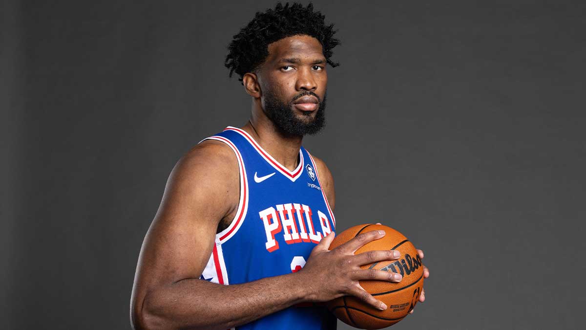 Philadelphia 76ers center Joel Embiid (21) poses for a photo on media day at the Philadelphia 76ers Training Complex. He also reacted to Jhonkensy Noel's miracle homer to tie Game 3 of the ALCS between the Yankees and the Guardians.