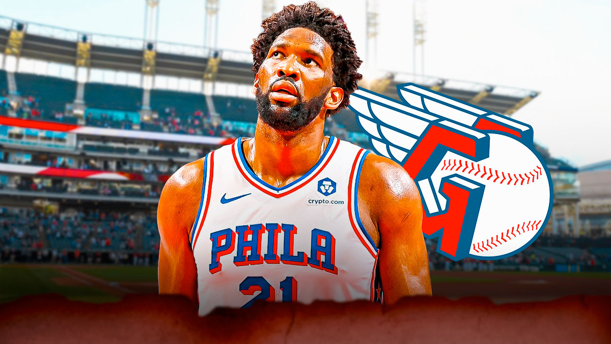 Joel Embiid beside Cleveland Guardians logo