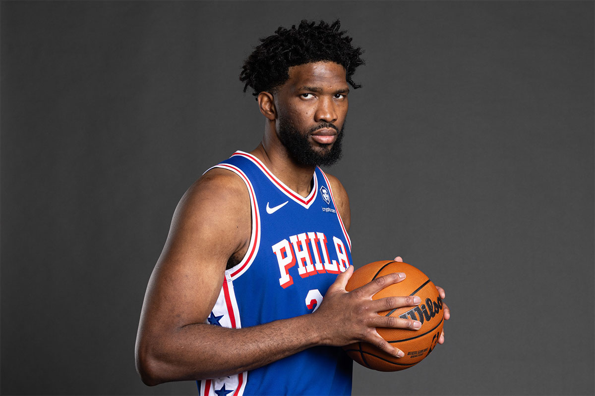 Philadelphia 76ers center Joel Embiid (21) poses for a photo on media day at the Philadelphia 76ers Training Complex.