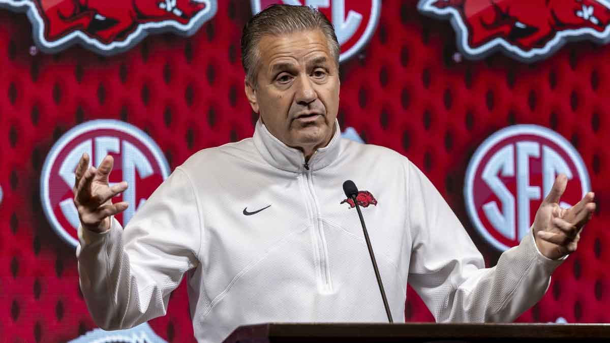 Oct 15, 2024; Birmingham, AL, USA; Arkansas Razorbacks head coach John Calipari talks with the media during SEC Media Days at Grand Bohemian Hotel.