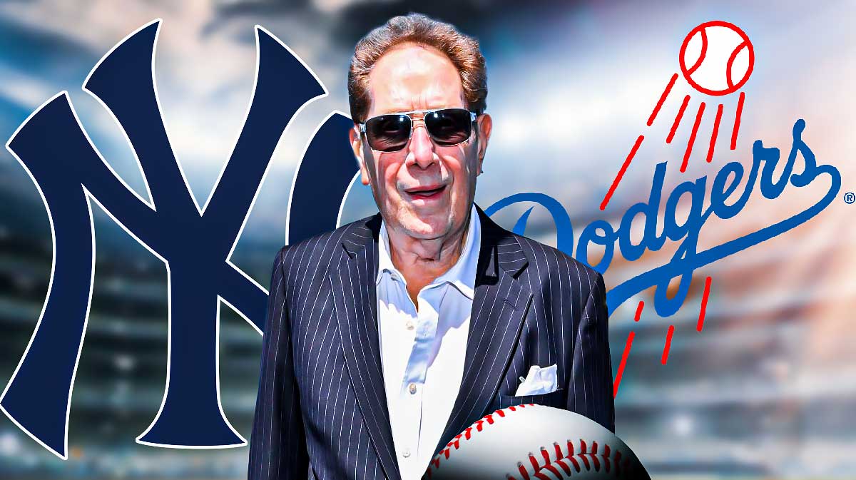 New York Yankees announcer John Sterling in the middle - Yankees and LA Dodgers logos, one on either side of Sterling