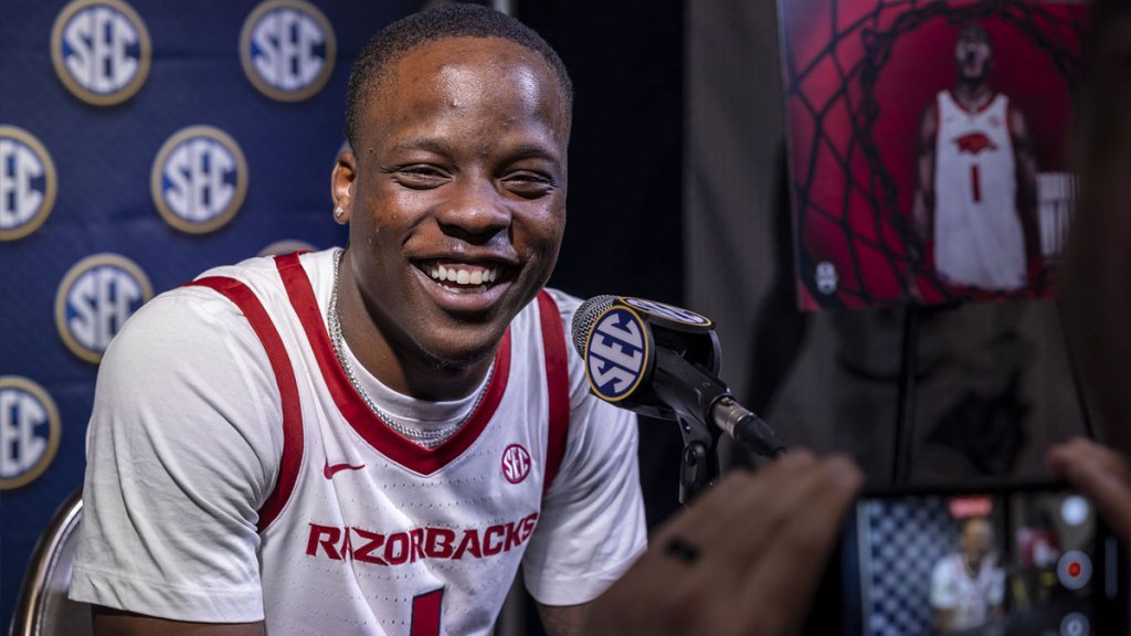 Arkansas Razorbacks guard Johnell Davis talks with the media during SEC Media Days at Grand Bohemian Hotel. 