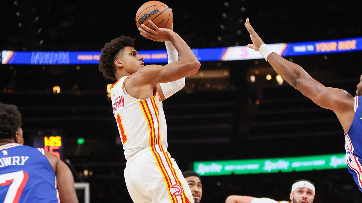 Atlanta Hawks forward Jalen Johnson (1) makes a shot against the Philadelphia 76ers in the third quarter at State Farm Arena.