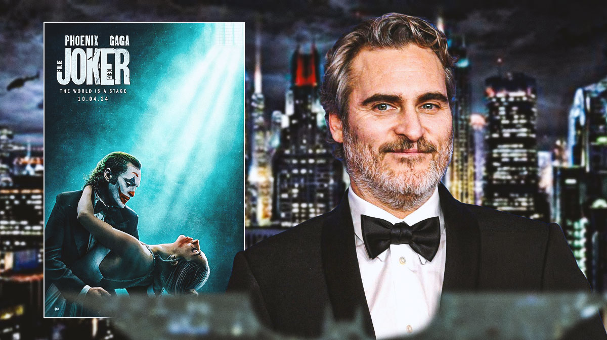 Joker: Folie à Deux poster with star Joaquin Phoenix and Gotham City background.