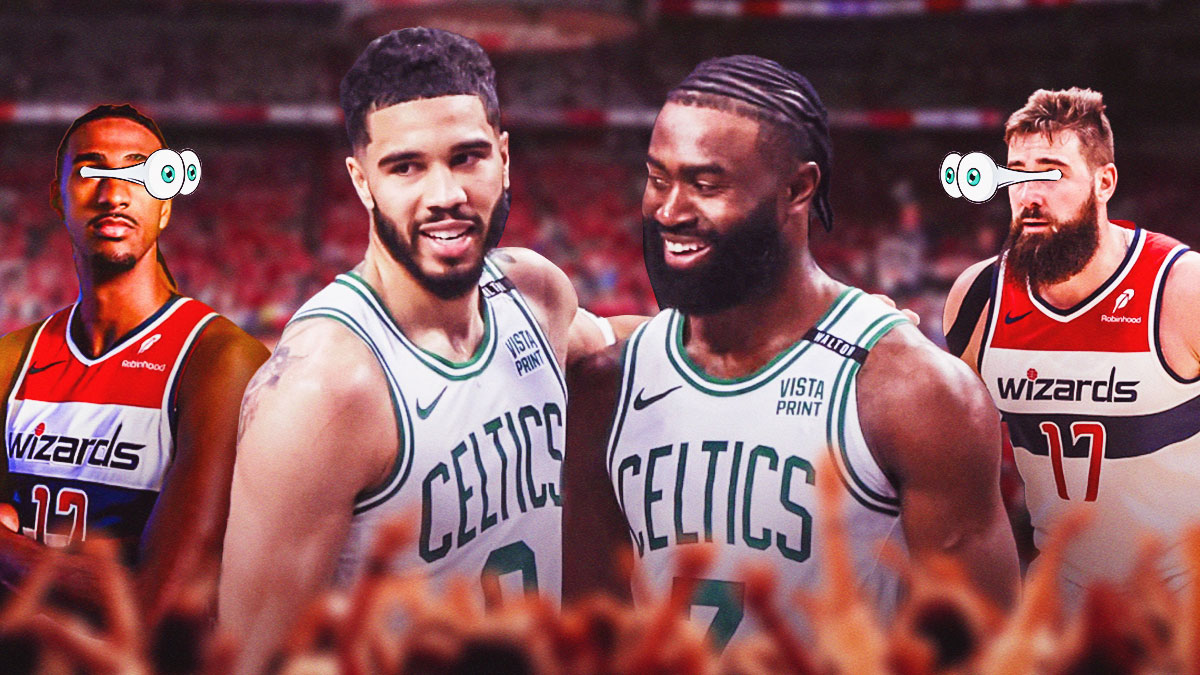 Jonas Valanciunas and Alex Starr look at Jayson Tatum and Jaylen Brown with bulging eyes