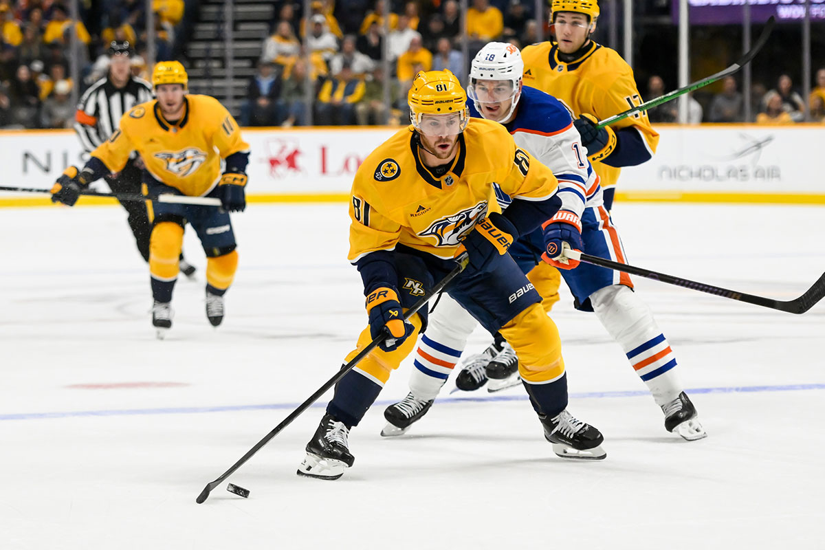 Nashville Predators center Jonathan Marchessault (81) takes a shot on goal against the Edmonton Oilers during the first period at Bridgestone Arena.