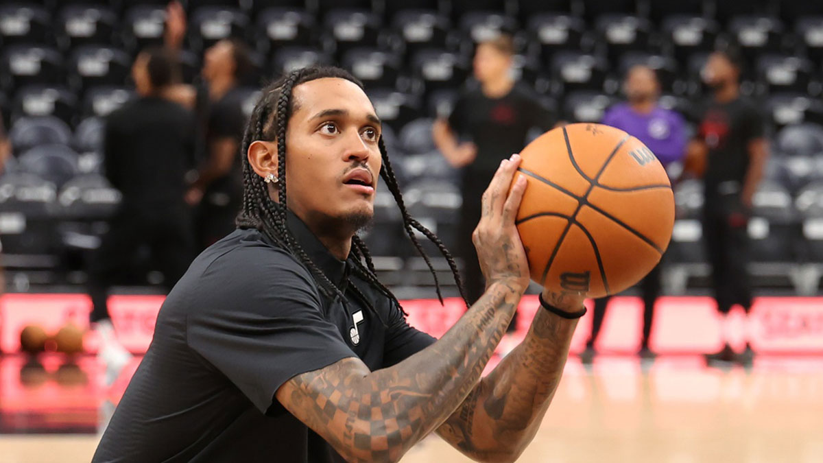 Utah Jazz guard Jordan Clarkson (00) warms up before a game against the Houston Rockets at Delta Center.