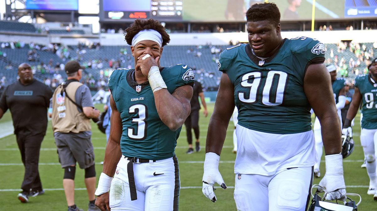 Philadelphia Eagles linebacker Nolan Smith Jr. (3) and defensive tackle Jordan Davis (90) walks off the field after win against the Cleveland Browns at Lincoln Financial Field.