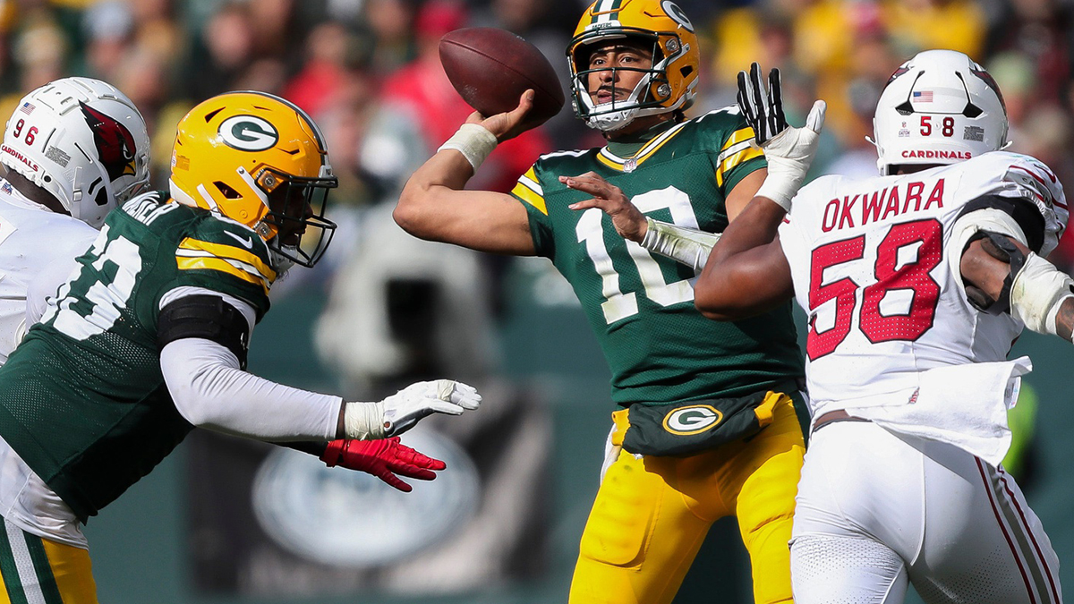 Green Bay Packers quarterback Jordan Love (10) passes the ball against the Arizona Cardinals on Sunday, October 13, 2024, at Lambeau Field in Green Bay, Wis. The Packers won the game, 34-13 .