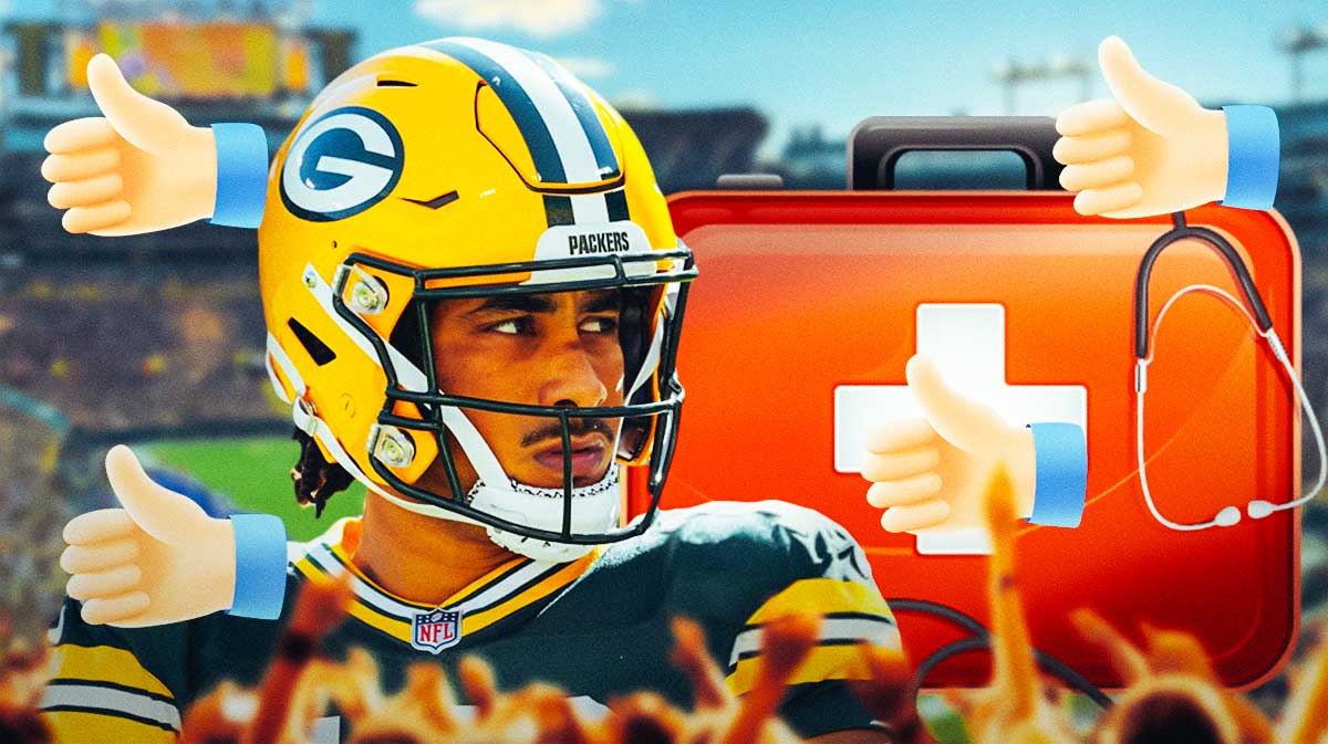 Green Bay Packers quarterback Jordan Love with thumbs up emojis by him, as well as first-aid kits.