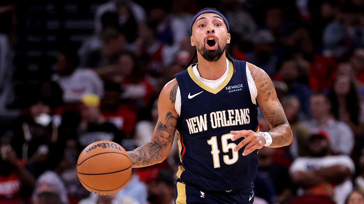New Orleans Pelicans guard Jose Alvarado (15) handles the ball against the Houston Rockets during the second quarter at Toyota Center.