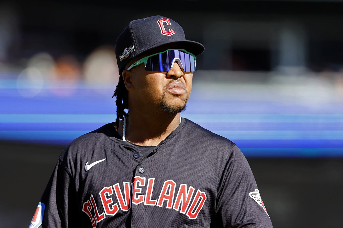 Oct 9, 2024; Detroit, Michigan, USA; Cleveland Guardians third baseman Jose Ramirez (11) looks on during the first inning during game three of the ALDS for the 2024 MLB Playoffs at Comerica Park.