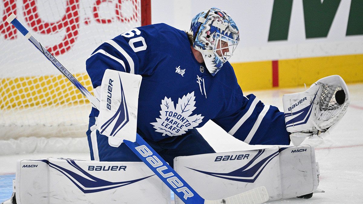 Toronto Maple Leafs goalie Joseph Woll (60) warms up before playing the Ottawa Senators at Scotiabank Arena