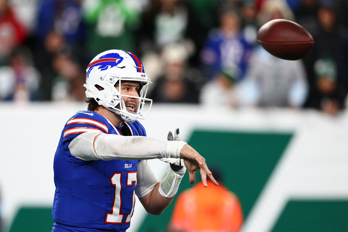 Buffalo Bills quarterback Josh Allen (17) throws a pass against the New York Jets during the second half at MetLife Stadium.