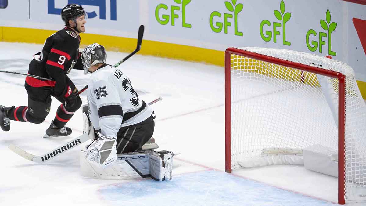 Ottawa Senators center Josh Norris (9) scores in overtime against Los Angeles Kings goalie Darcy Kuemper (35) at the Canadian Tire Centre.
