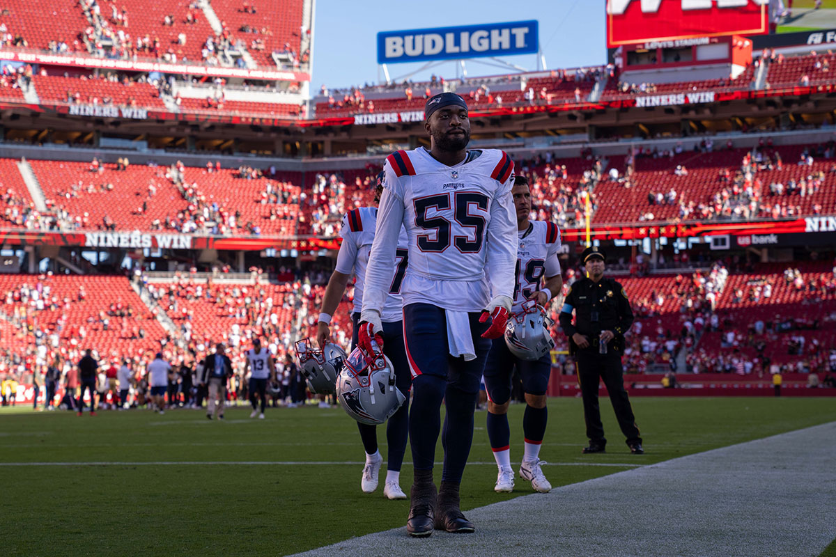 New England Patriots linebacker Joshua Uche (55) leaves the field after the game against the San Francisco 49ers at Levi's Stadium.