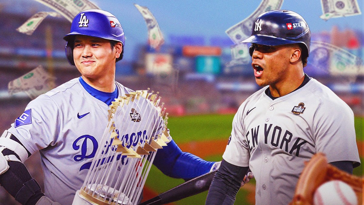 Yankees' Juan Soto with money raining from the sky, with Dodgers' Shohei Ohtani holding the 2024 World Series trophy beside Soto