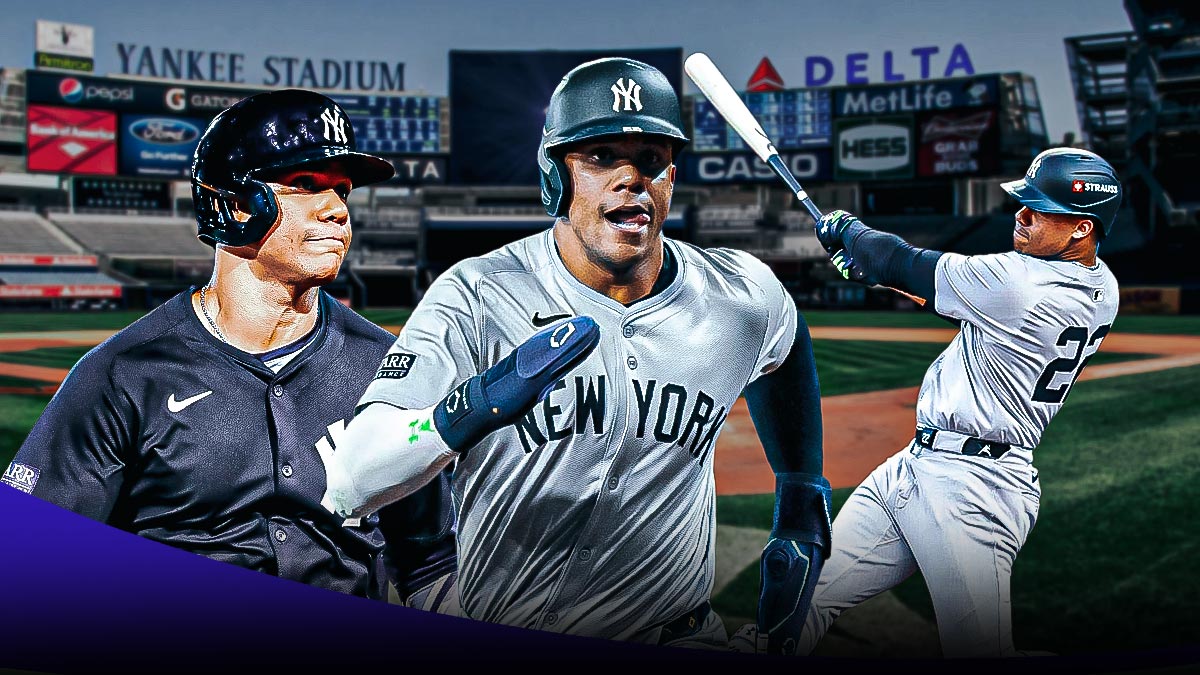 Yankees Juan Soto in front looking serious. In background on left, Yankees Juan Soto swinging a baseball bat. In background on right, Yankees Juan Soto smiling.