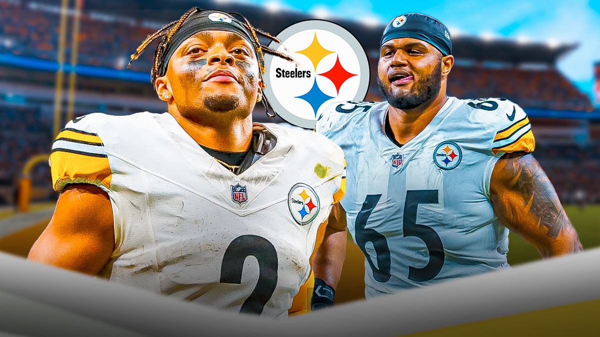 Justin Fields beside Dan Moore Jr. Steelers logo in the background.