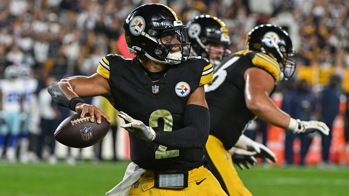 Oct 6, 2024; Pittsburgh, Pennsylvania, USA; Pittsburgh Steelers quarterback Justin Fields (2) throws a pass against the Dallas Cowboys during the first quarter at Acrisure Stadium.