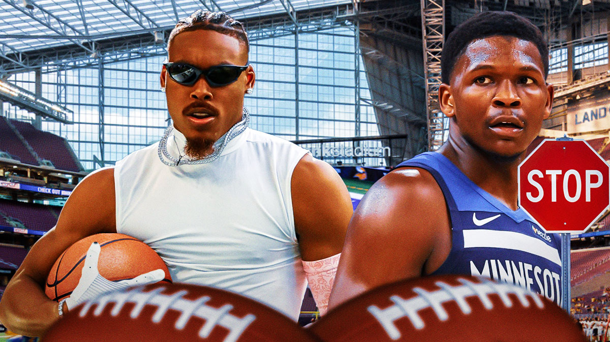 Vikings Justin Jefferson holding a basketball and Timberwolves Anthony Edwards holding a stop sign.