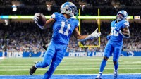 Detroit Lions wide receiver Kalif Raymond (11) runs for a touchdown against Tennessee Titans during the second half at Ford Field in Detroit on Sunday, Oct. 27, 2024.