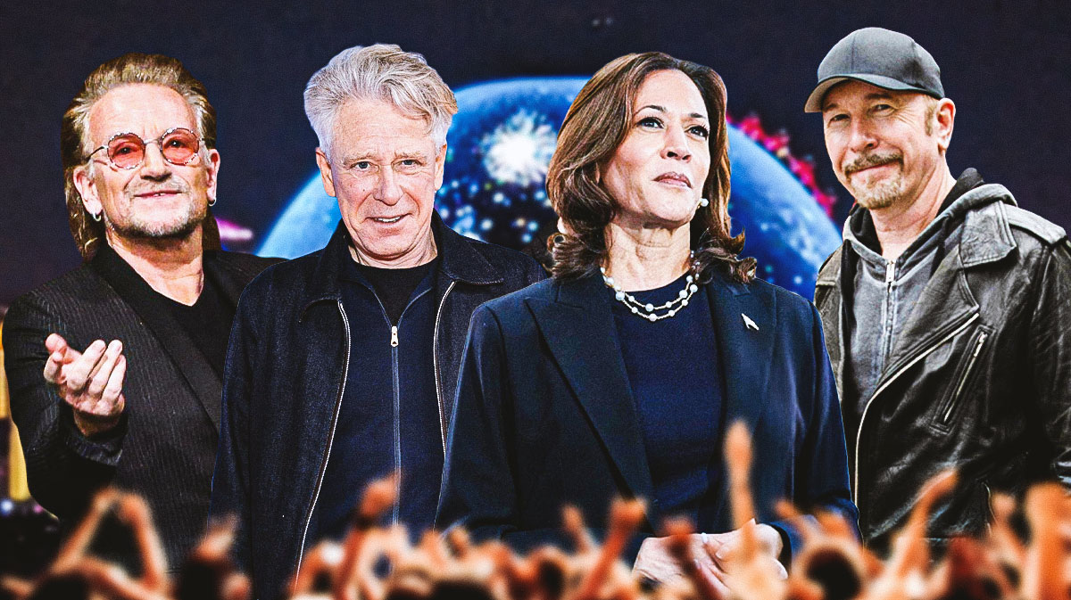 Kamala Harris in between U2 members Bono, Adam Clayton, and The Edge in front of the Sphere.
