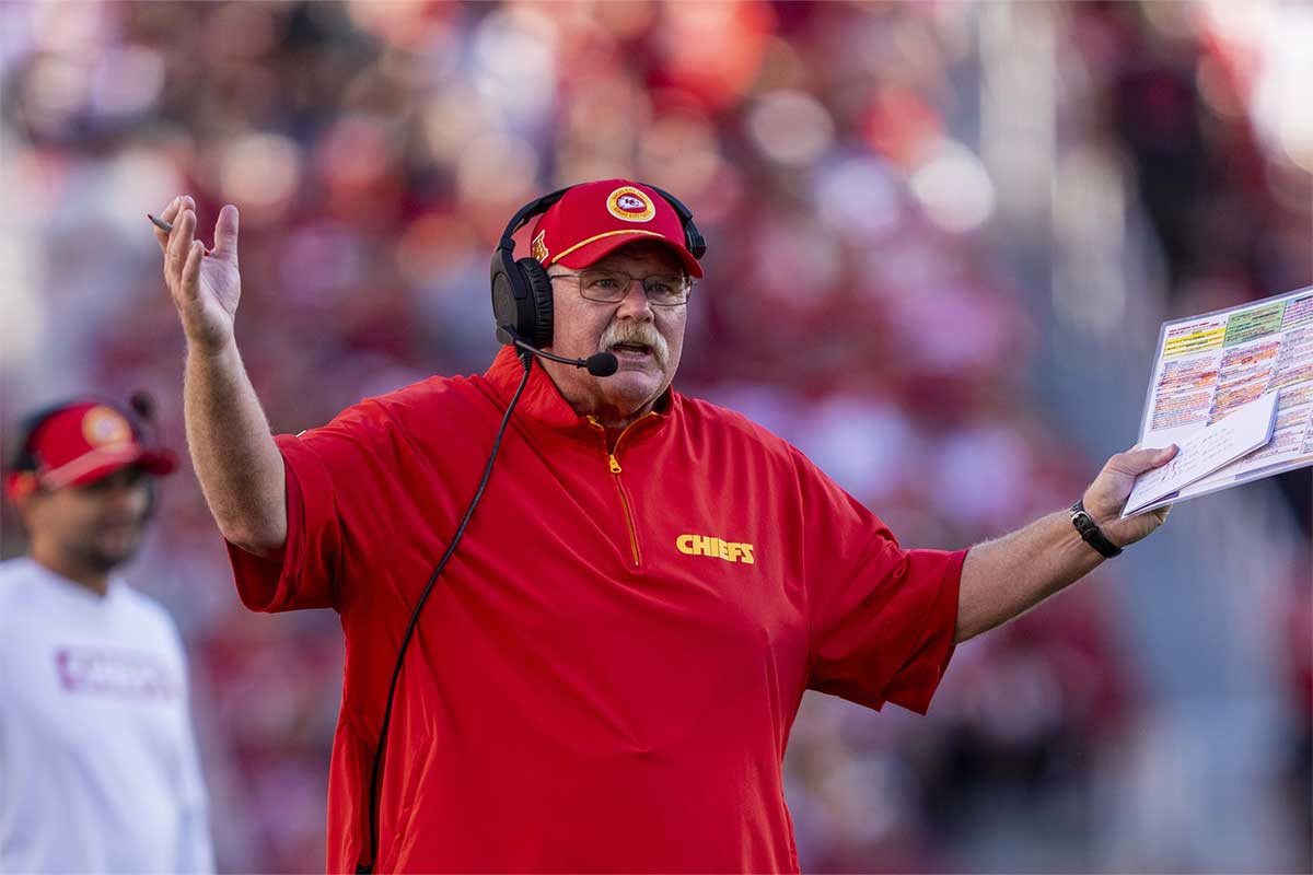 Kansas City Chiefs head coach Andy Reid argues with the referee during the fourth quarter against the San Francisco 49ers at Levi's Stadium.