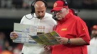 Kansas City Chiefs offensive coordinator Matt Nagy (left) and coach Andy Reid react against the Las Vegas Raiders in the second half at Allegiant Stadium.