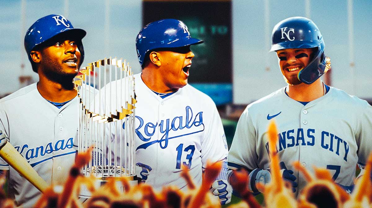 oyals' Lorenzo Cain and Salvador Perez holding the 2015 World Series championship on the left, with Bobby Witt Jr. smiling at them
