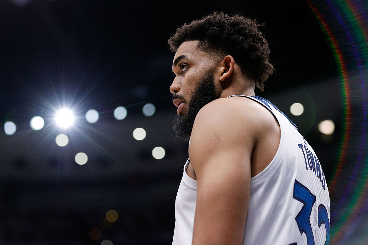 Minnesota Timberwolves center Karl-Anthony Towns (32) in the third quarter against the Denver Nuggets during game five of the second round for the 2024 NBA playoffs at Ball Arena.