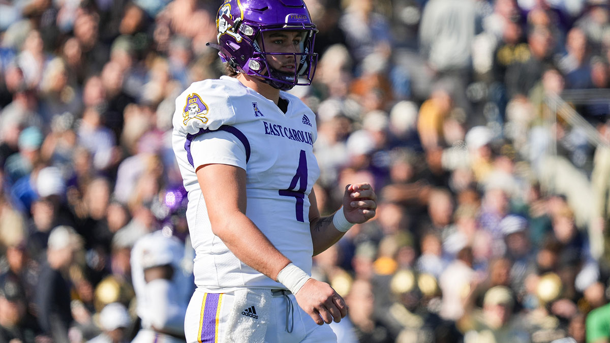 Oct 19, 2024; West Point, New York, USA; East Carolina Pirates quarterback Katin Houser (4) reacts during the second quarter against the Army Black Knights at Michie Stadium.