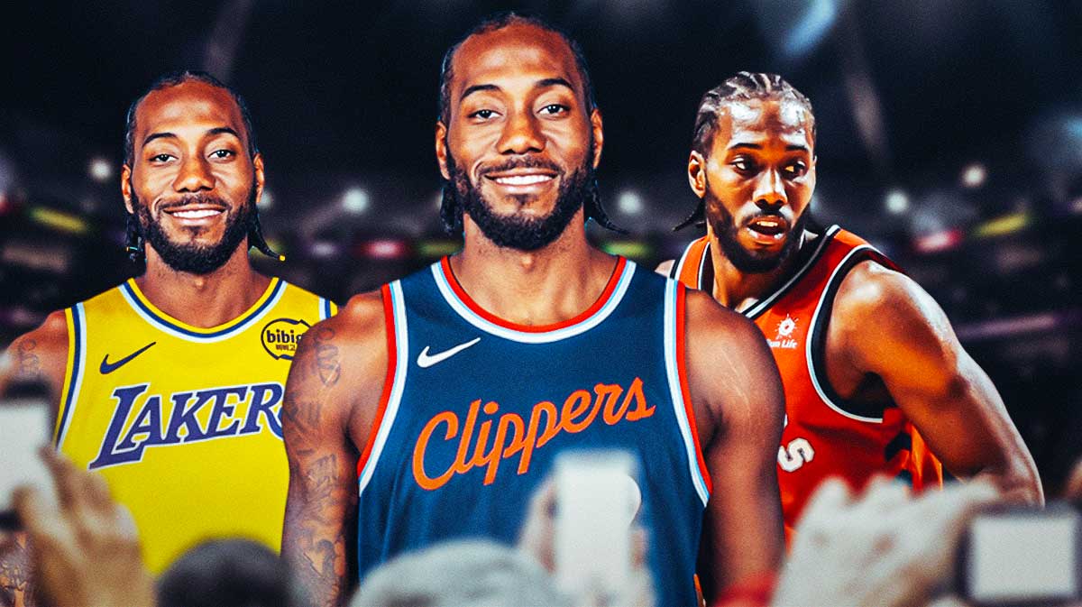 Kawhi Leonard in a Clippers uniform, a Raptors uniform, and photoshopped in a Lakers uniform.